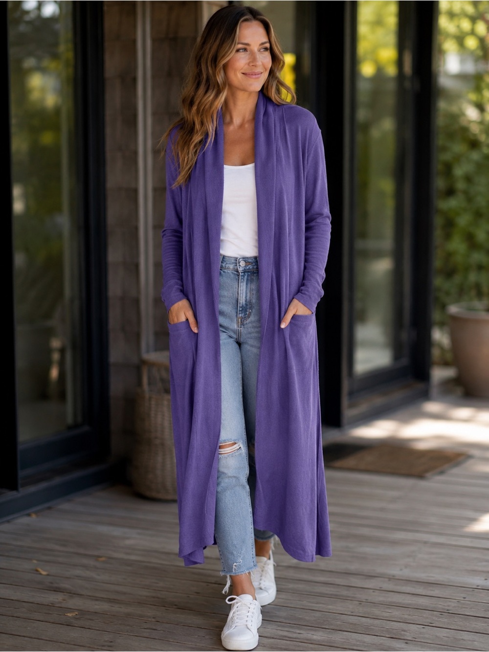 Athleta Pranayama Restore Long Wrap Size L Open Front Cardigan Mauve Plum